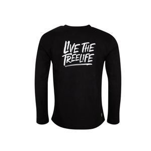 Long Sleeve T-Shirt Black with 'Live the Treelife' print on the back, ideal for tree surgeons and outdoor professionals.