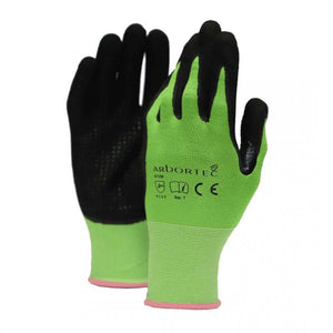 A pair of green and black Arbortec climbing gloves with microfoam nitrile grip coating on the palms and fingers, displayed against a white background.