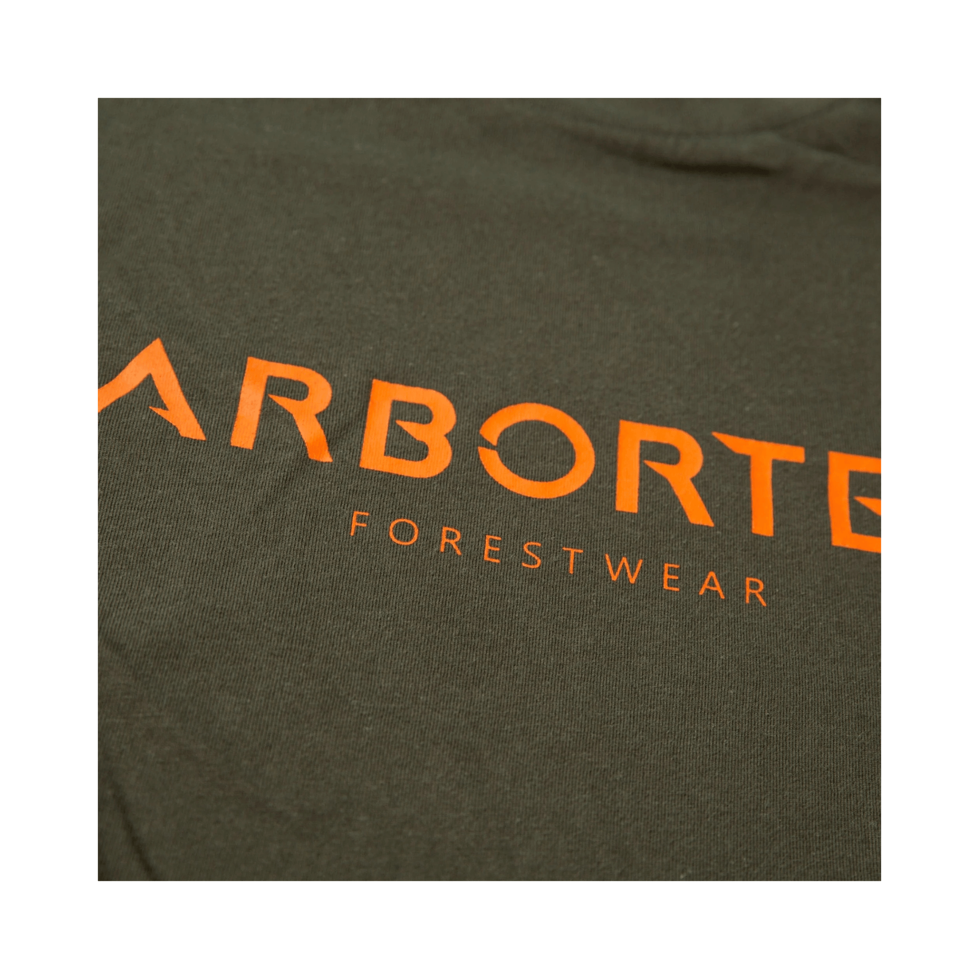 Short Sleeve T-Shirt Olive close-up showcasing Arbortec logo in orange on olive fabric.