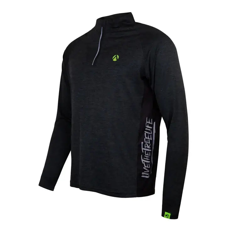Black long sleeve performance t-shirt for tree surgeons, featuring ventilated mesh panels for comfort and breathability.