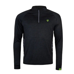 Black long sleeve performance T-shirt with zipper, ideal for tree surgeons, featuring ventilated mesh panels for breathability.