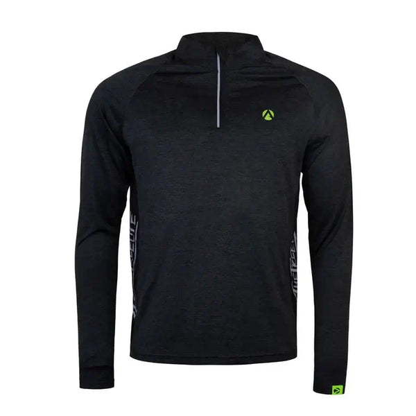 Black long sleeve performance T-shirt with zipper, ideal for tree surgeons, featuring ventilated mesh panels for breathability.