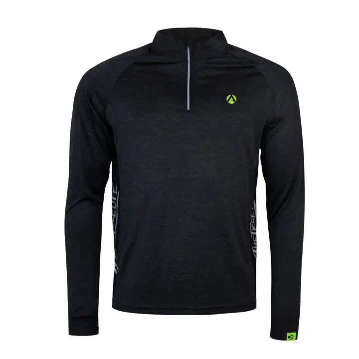 Black long sleeve performance T-shirt with zipper, ideal for tree surgeons, featuring ventilated mesh panels for breathability.