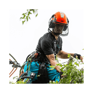 Arbortec Performance T-Shirt Short Sleeve worn by a tree surgeon working on a tree, showcasing durability and performance.