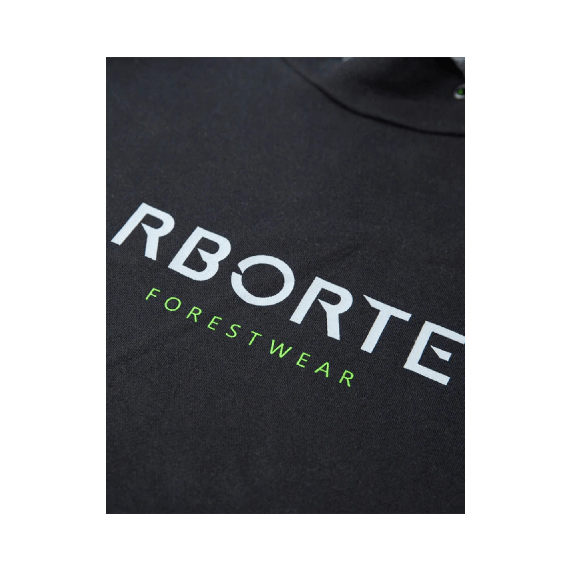 Close-up of black Arbortec pullover hoodie featuring the 'RborTE Forestwear' logo in white and green.