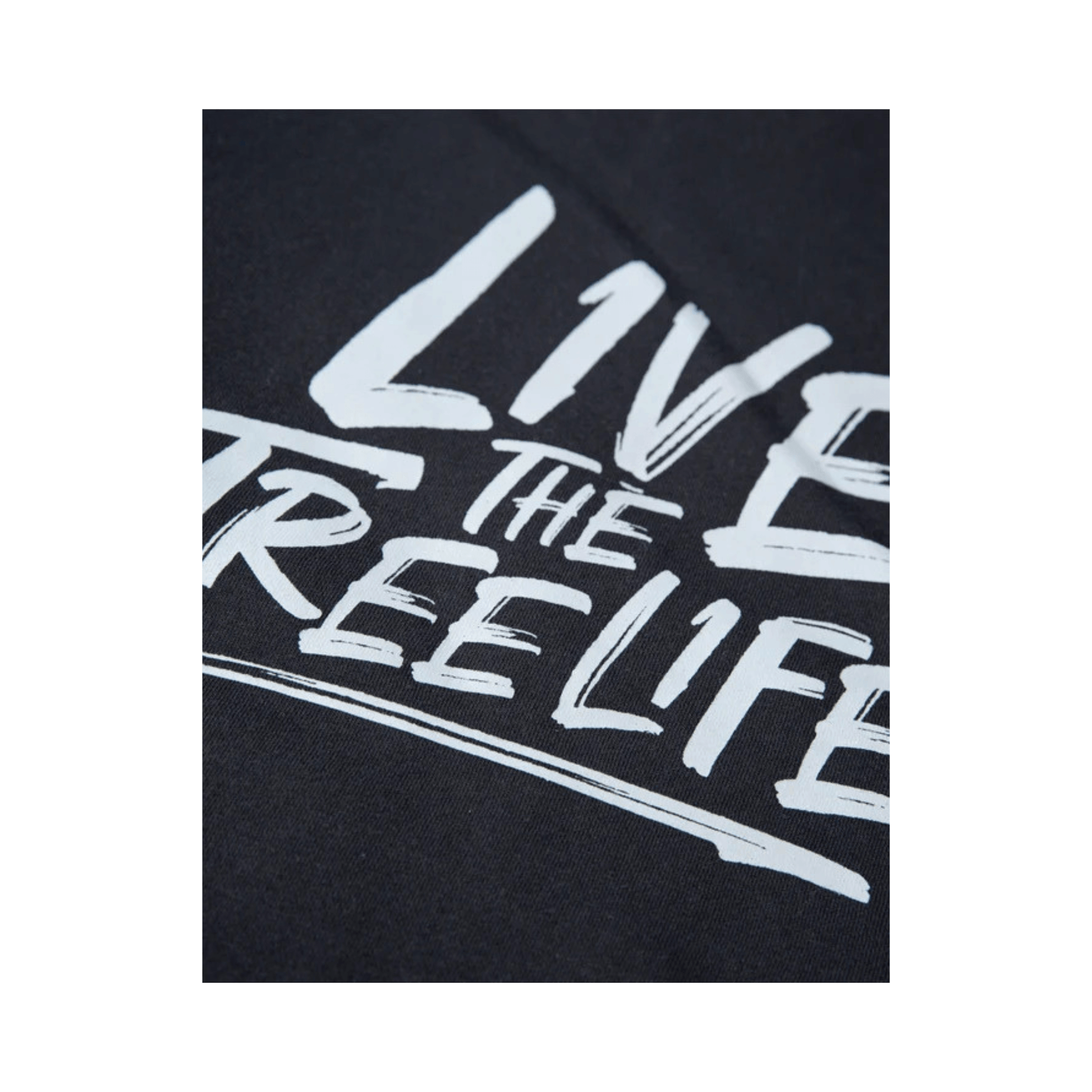 Close-up of the 'Live the Tree Life' slogan on a black Arbortec pullover hoodie for tree surgeons.