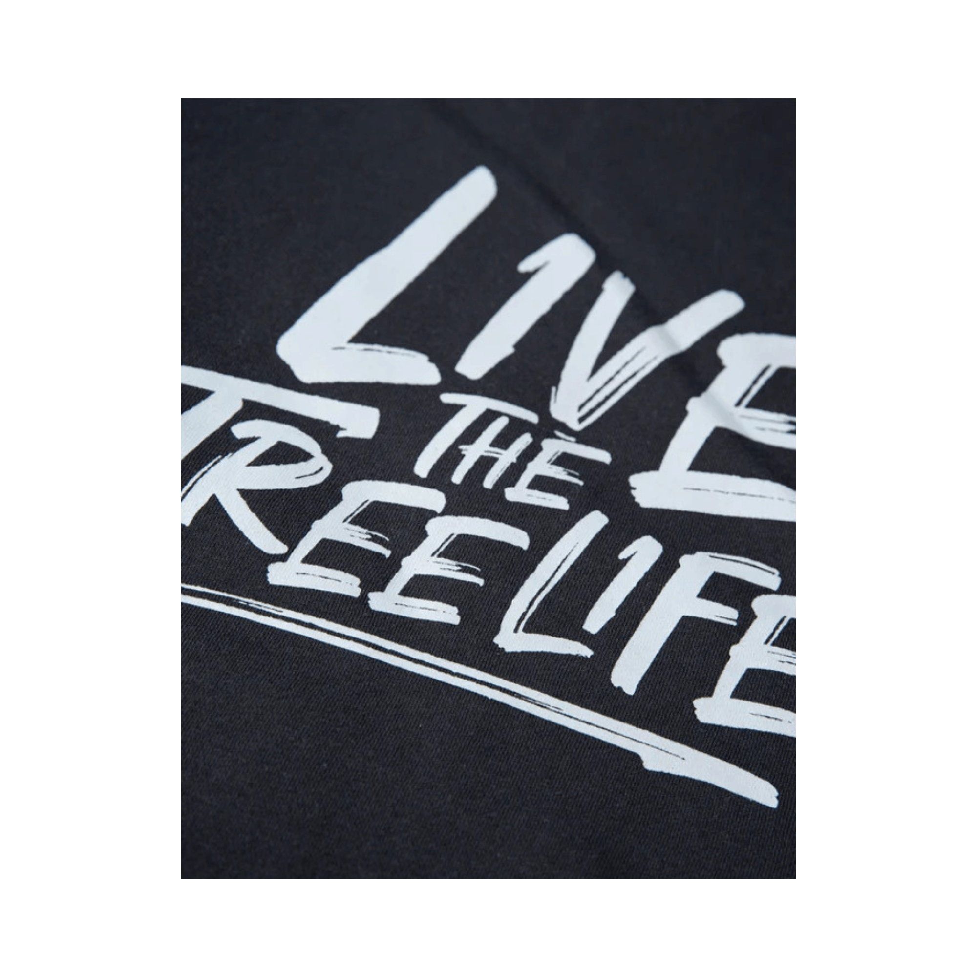 Close-up of the 'Live the Tree Life' slogan on a black Arbortec pullover hoodie for tree surgeons.