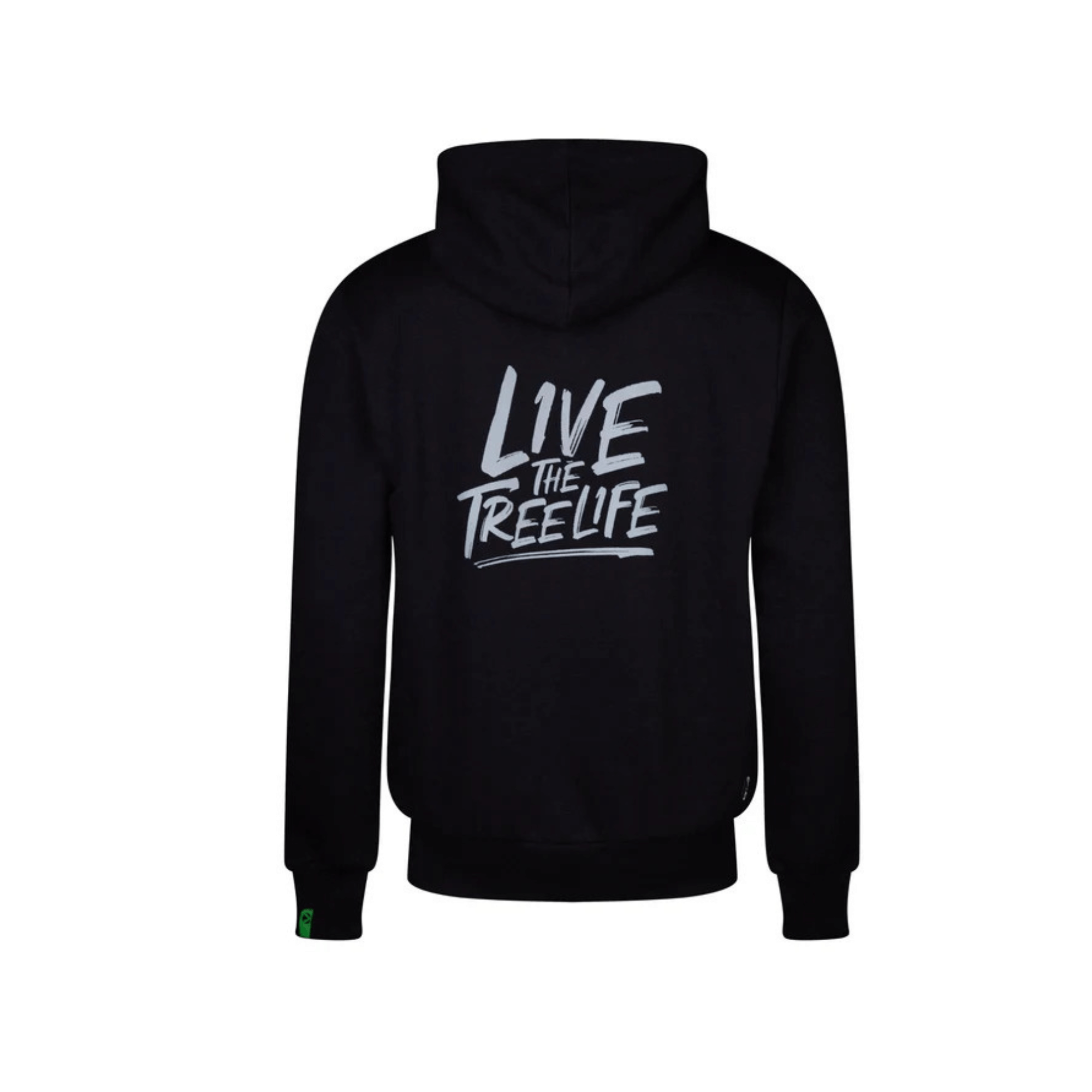 Back view of black Arbortec pullover hoodie featuring 'Live the Tree Life' slogan, ideal for tree surgeons.