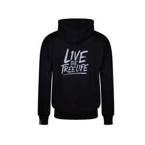 Back view of black Arbortec pullover hoodie featuring 'Live the Tree Life' slogan, ideal for tree surgeons.
