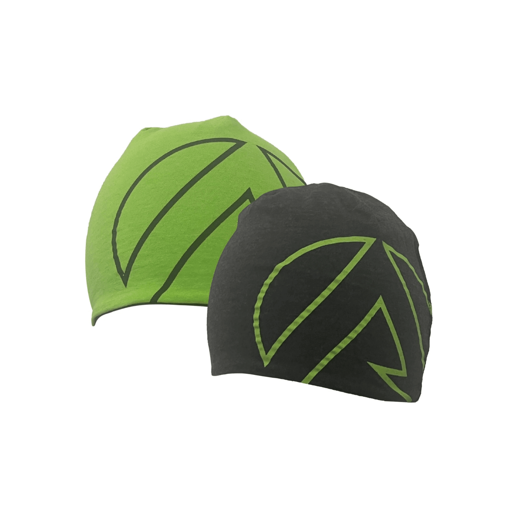 Reversible Beanie Hat featuring a lime green and grey design, made from soft and stretchy polyester/cotton fabric.