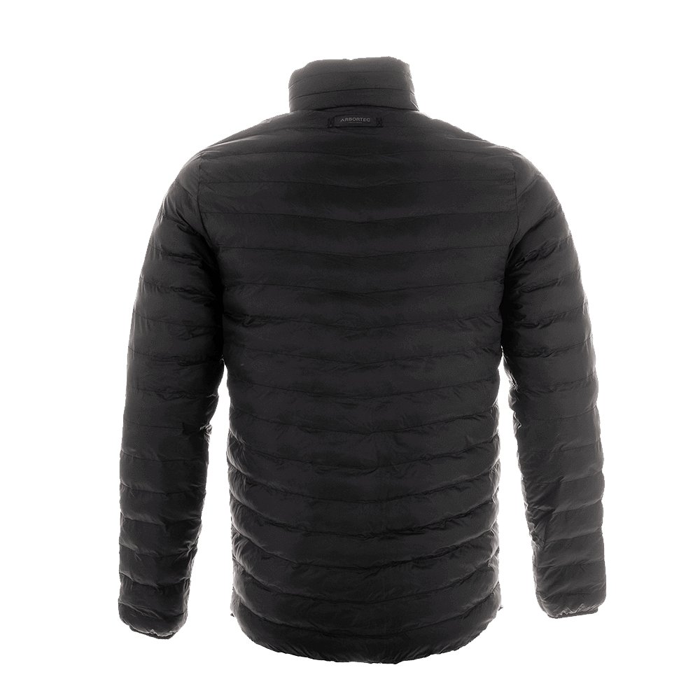Back view of Arbortec Reversible Puffer Jacket in black, perfect for tree surgeons seeking warmth and versatility.