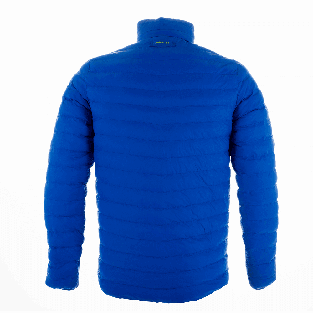 Reversible puffer jacket in blue showing back view, featuring lightweight design with Clo insulation for warmth.
