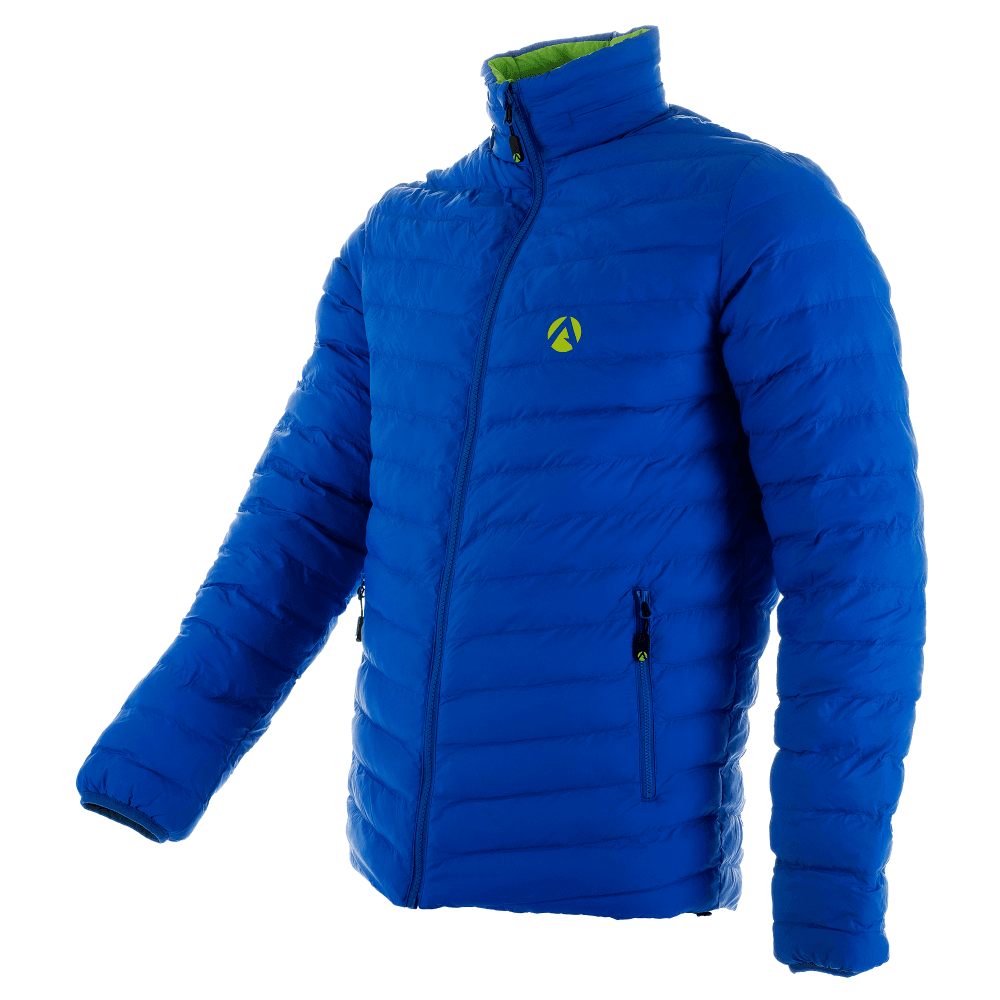 Reversible puffer jacket in vibrant blue with green accents, perfect for warmth and outdoor activities for tree surgeons.