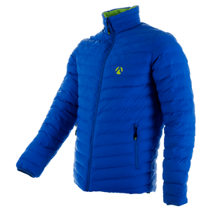 Reversible puffer jacket in vibrant blue with green accents, perfect for warmth and outdoor activities for tree surgeons.