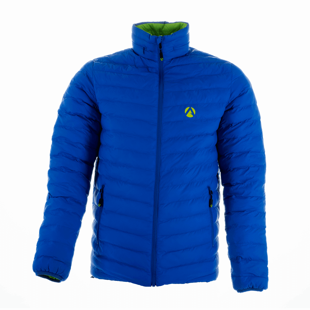 Reversible puffer jacket in blue with lime accents, lightweight and warm, ideal for outdoor activities like tree surgery.