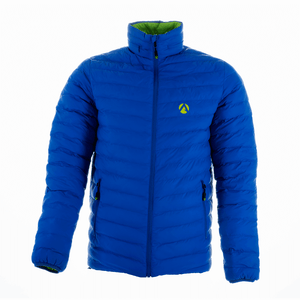 Reversible puffer jacket in blue with lime accents, lightweight and warm, ideal for outdoor activities like tree surgery.