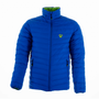 Reversible puffer jacket in blue with lime accents, lightweight and warm, ideal for outdoor activities like tree surgery.