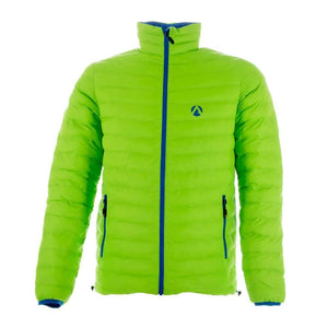 Reversible puffer jacket in lime green with blue accents, lightweight and warm, ideal for tree surgeons.