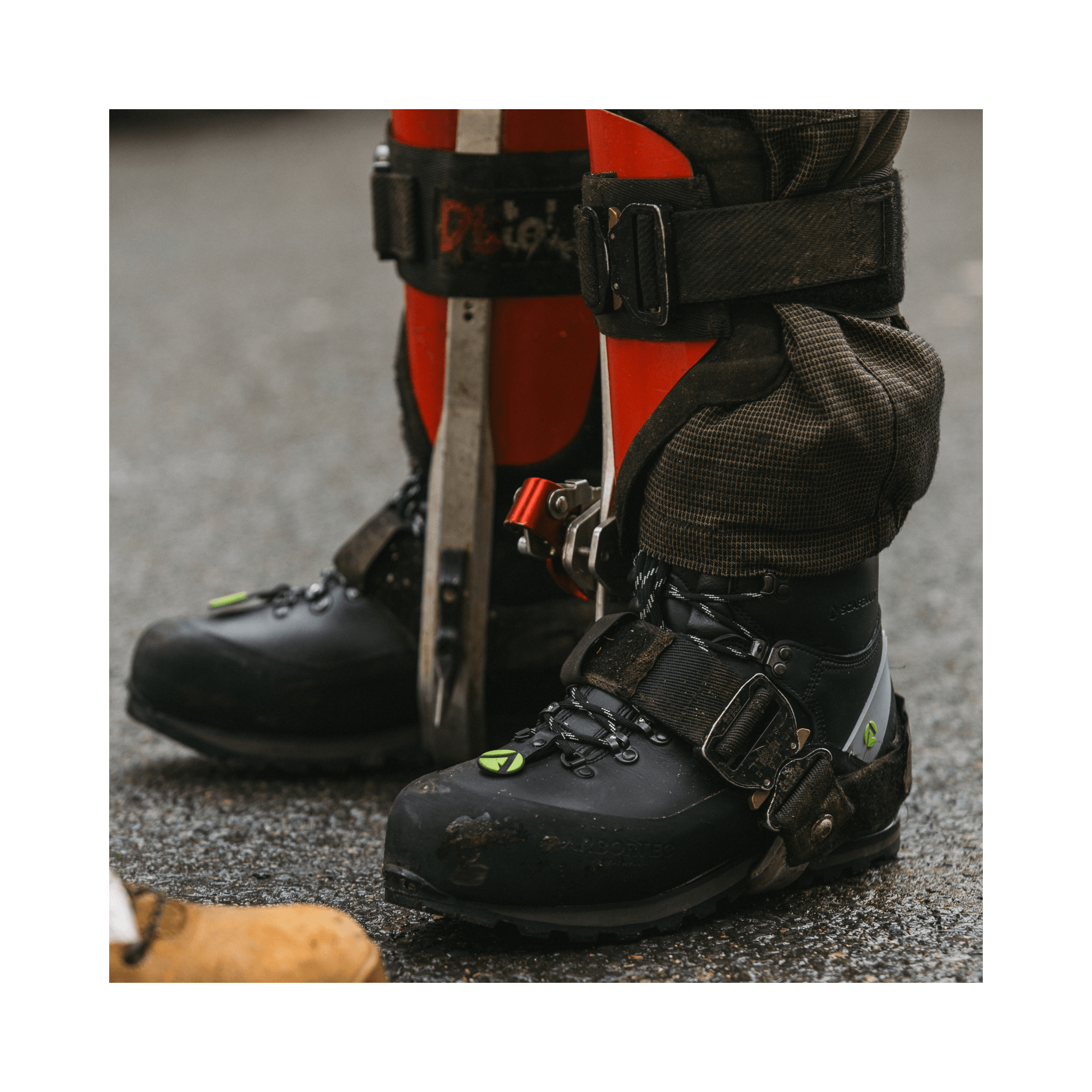 Scafell Lite Chainsaw Boots Class 2 worn by a tree surgeon, showcasing safety and durability in forestry work.