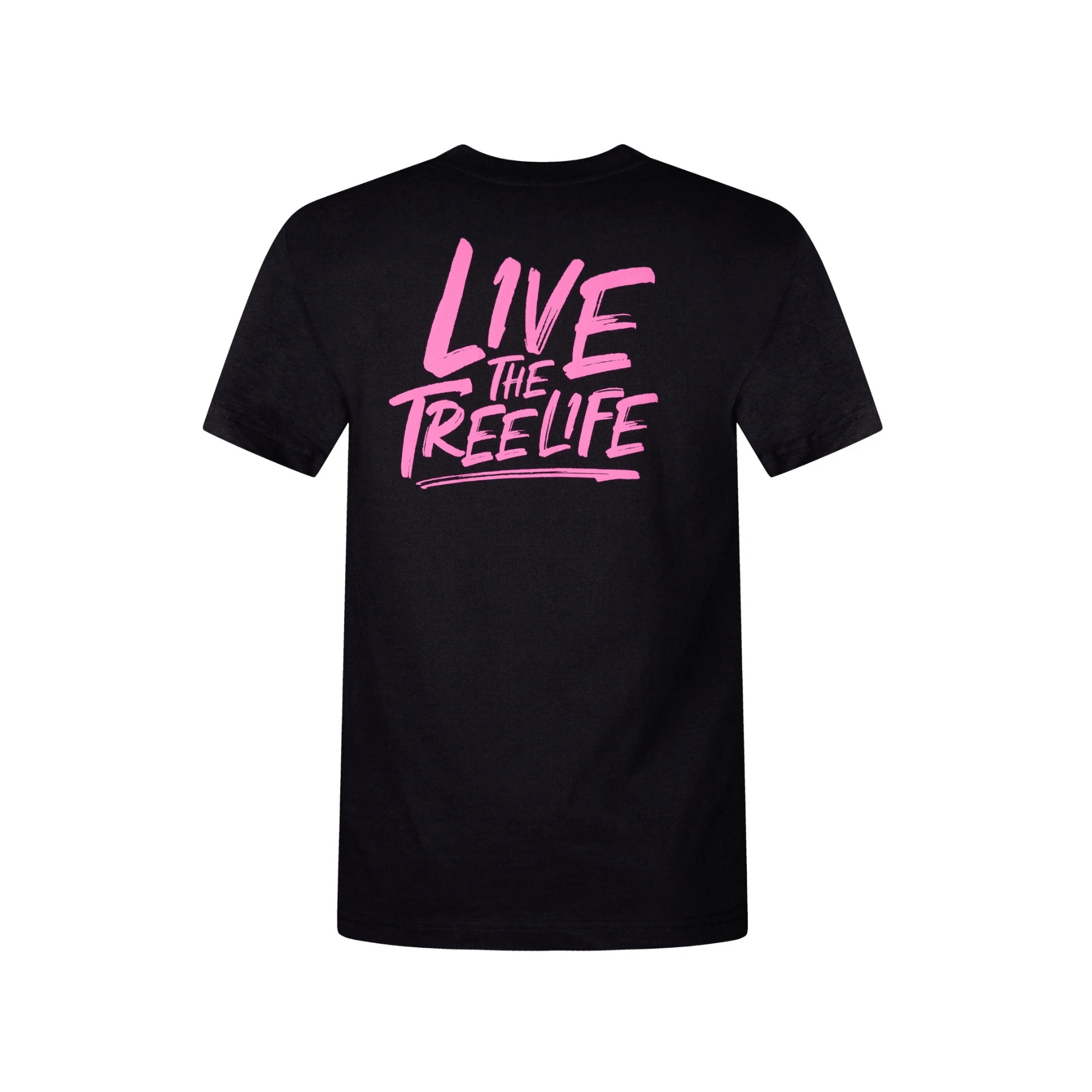 Back view of a Short Sleeve T-Shirt Black featuring a pink 'LIVE THE TREELIFE' graphic on a lightweight cotton fabric.