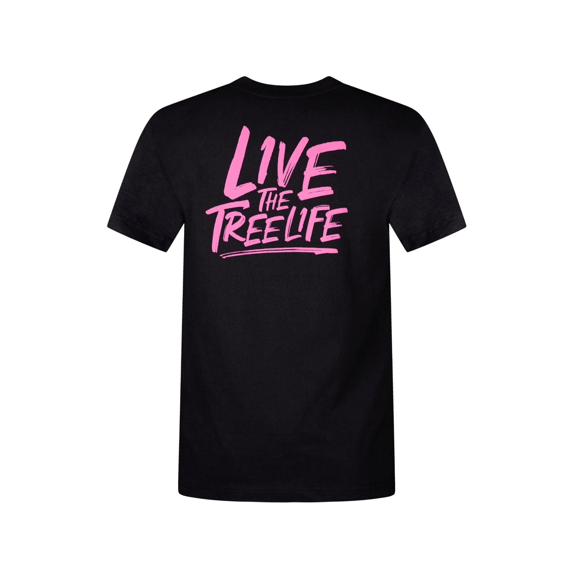 Back view of a Short Sleeve T-Shirt Black featuring a pink 'LIVE THE TREELIFE' graphic on a lightweight cotton fabric.