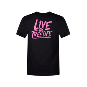 Back view of a Short Sleeve T-Shirt Black featuring a pink 'LIVE THE TREELIFE' graphic on a lightweight cotton fabric.