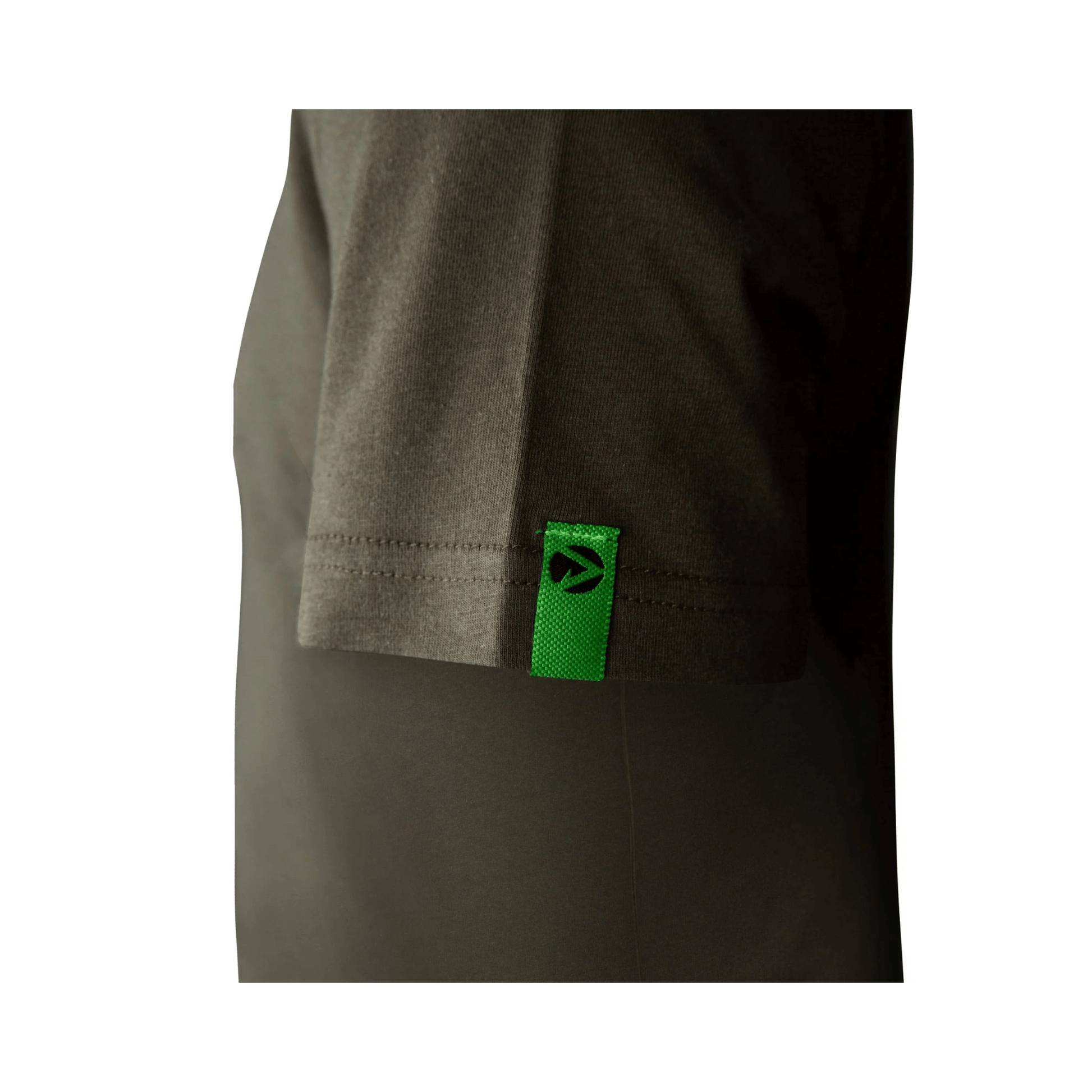Short Sleeve T-Shirt Olive showing the side seam and green tag detail, showcasing premium quality and comfort.