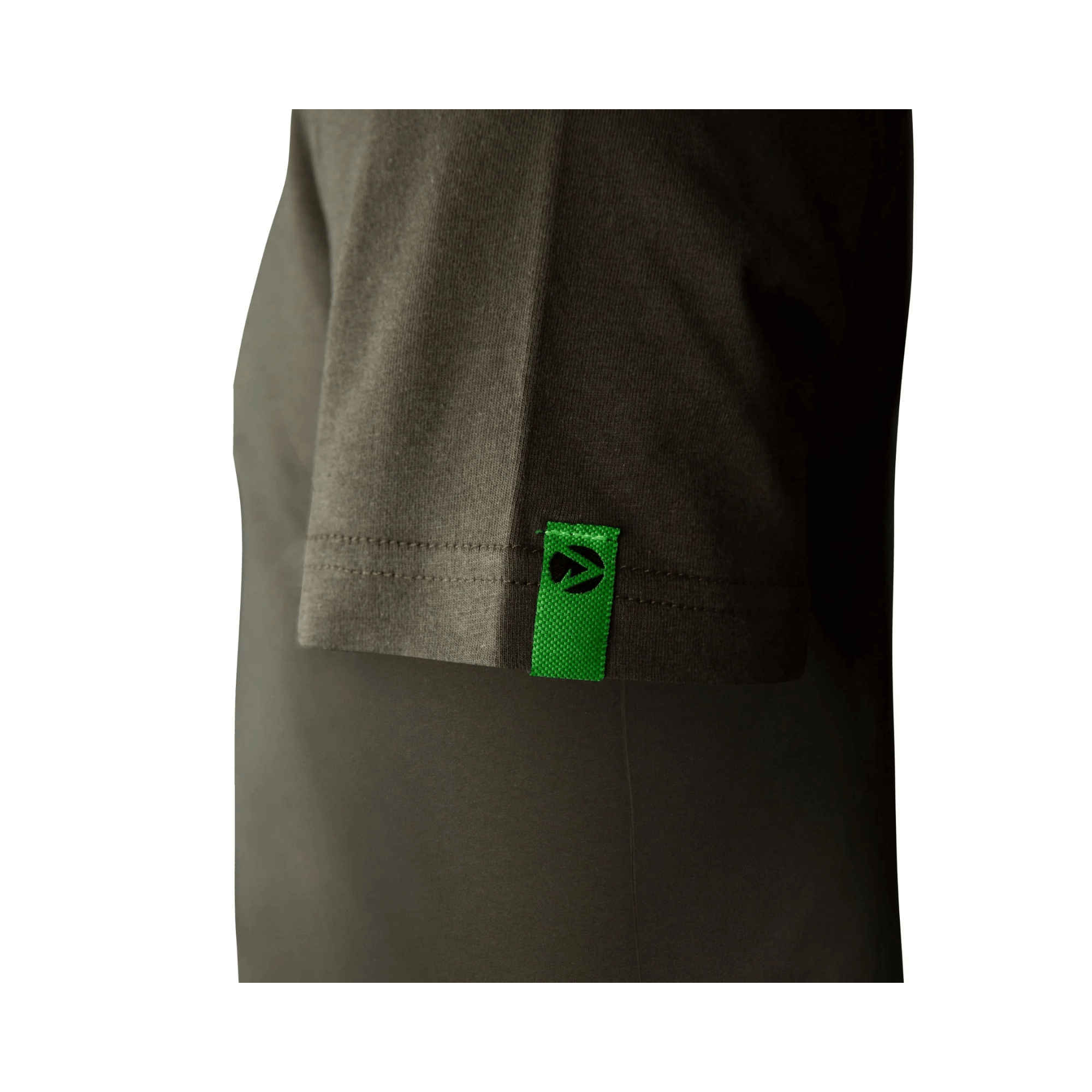Short Sleeve T-Shirt Olive showing the side seam and green tag detail, showcasing premium quality and comfort.