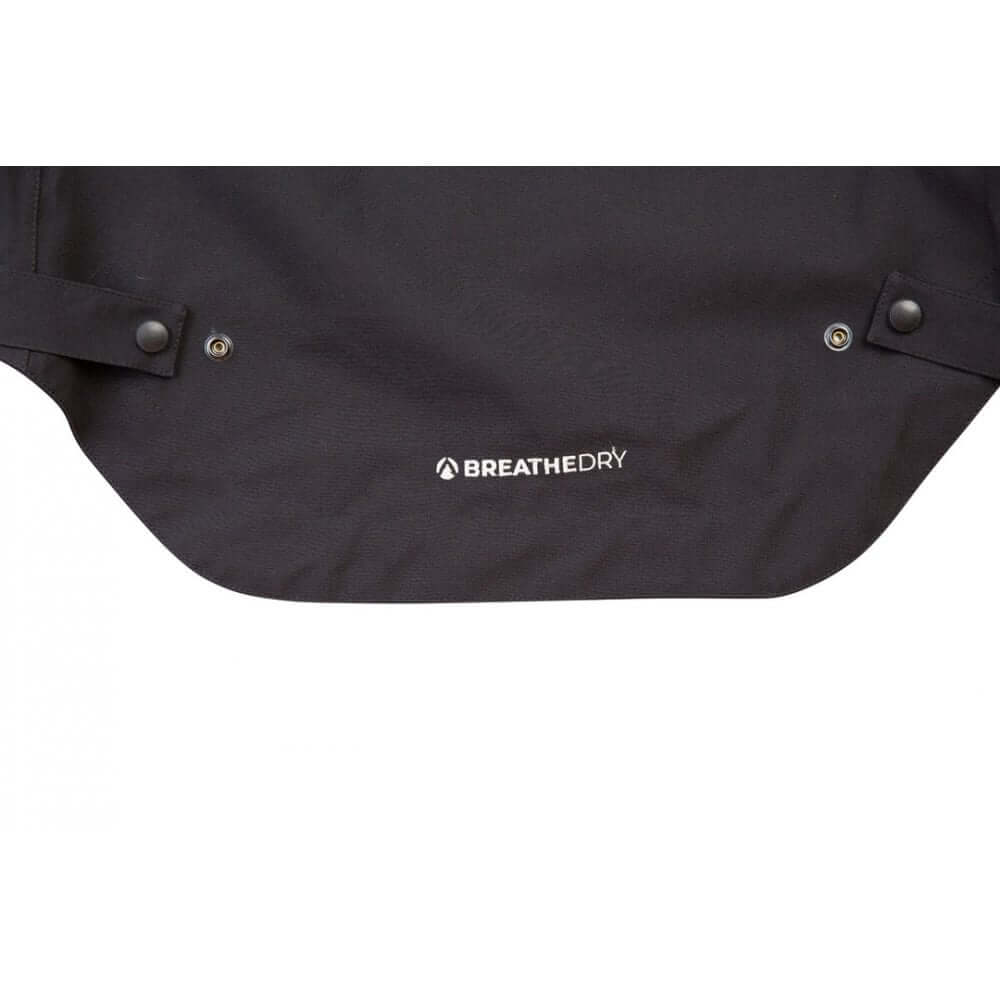 Close-up of the BreatheDry logo on the heavy duty waterproof black jacket, ideal for tree surgeons.
