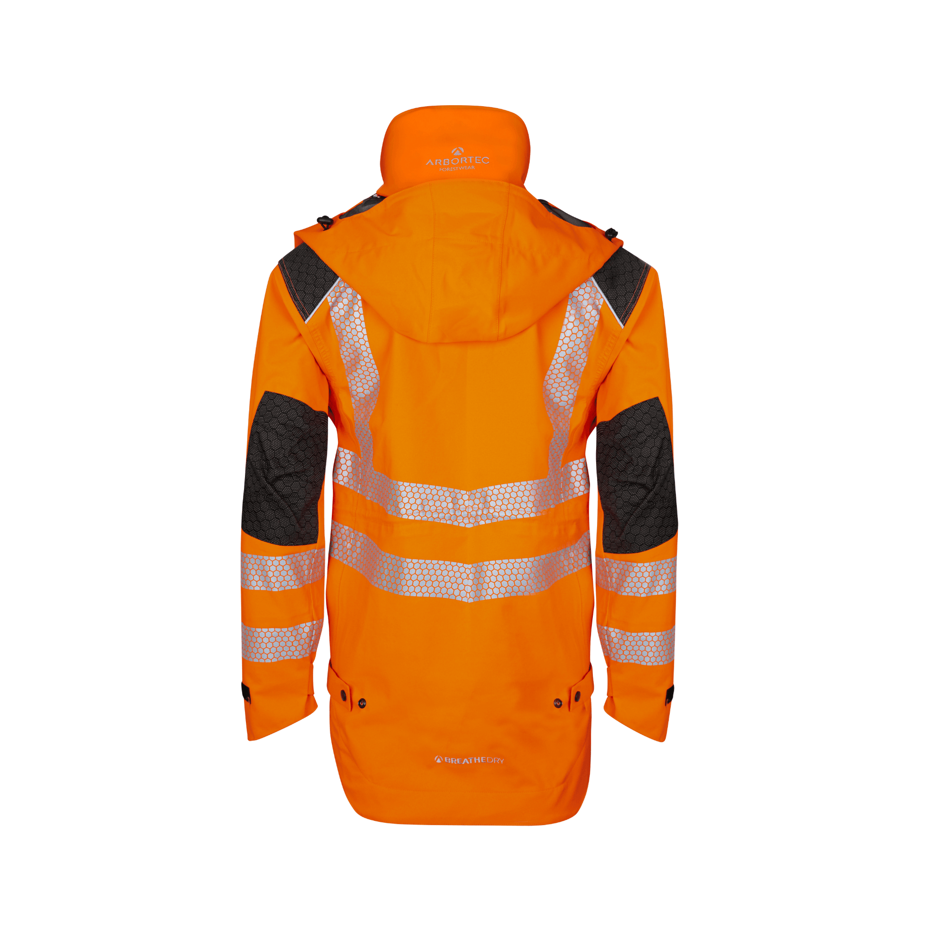 Back view of Arbortec Smock Heavy Duty BreatheDry Hi-Vis Orange Jacket with reflective strips for tree surgeons.