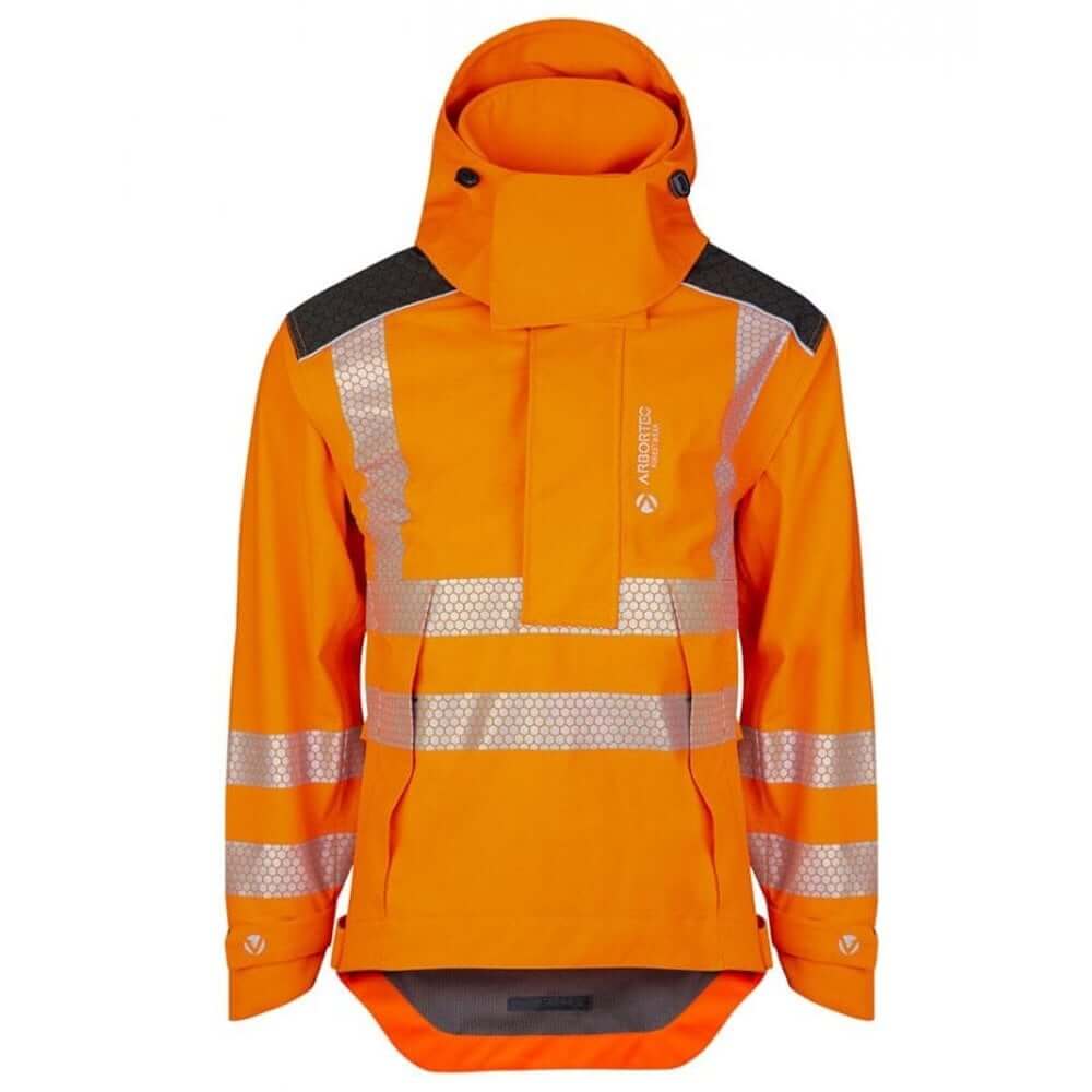 Hi-Vis orange jacket with reflective stripes, designed for tree surgeons, offering waterproof and breathable protection.