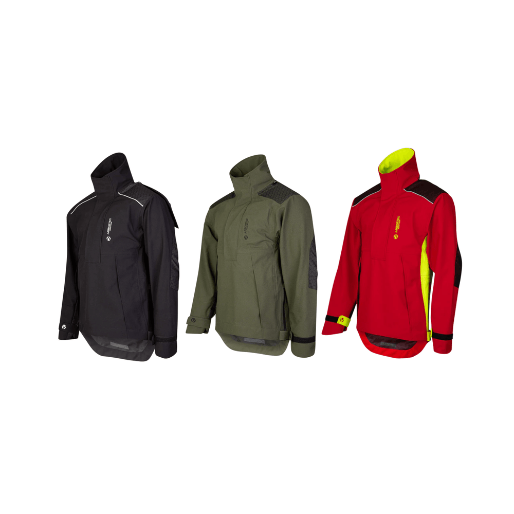 BreatheDry Heavy Duty Smock selection in black, green, and red for arborists and tree surgeons, showcasing waterproof design.