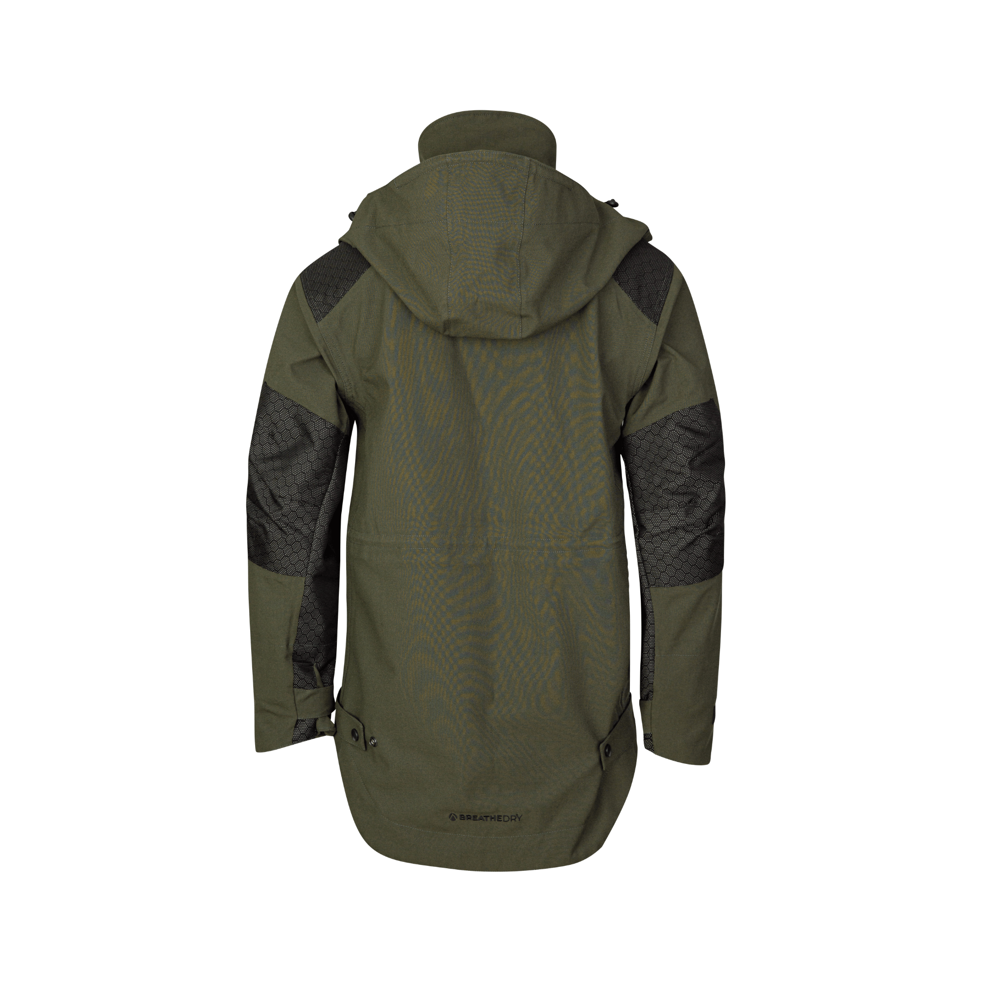 Back view of the Smock Heavy Duty BreatheDry Olive Jacket, designed for tree surgeons with waterproof features.