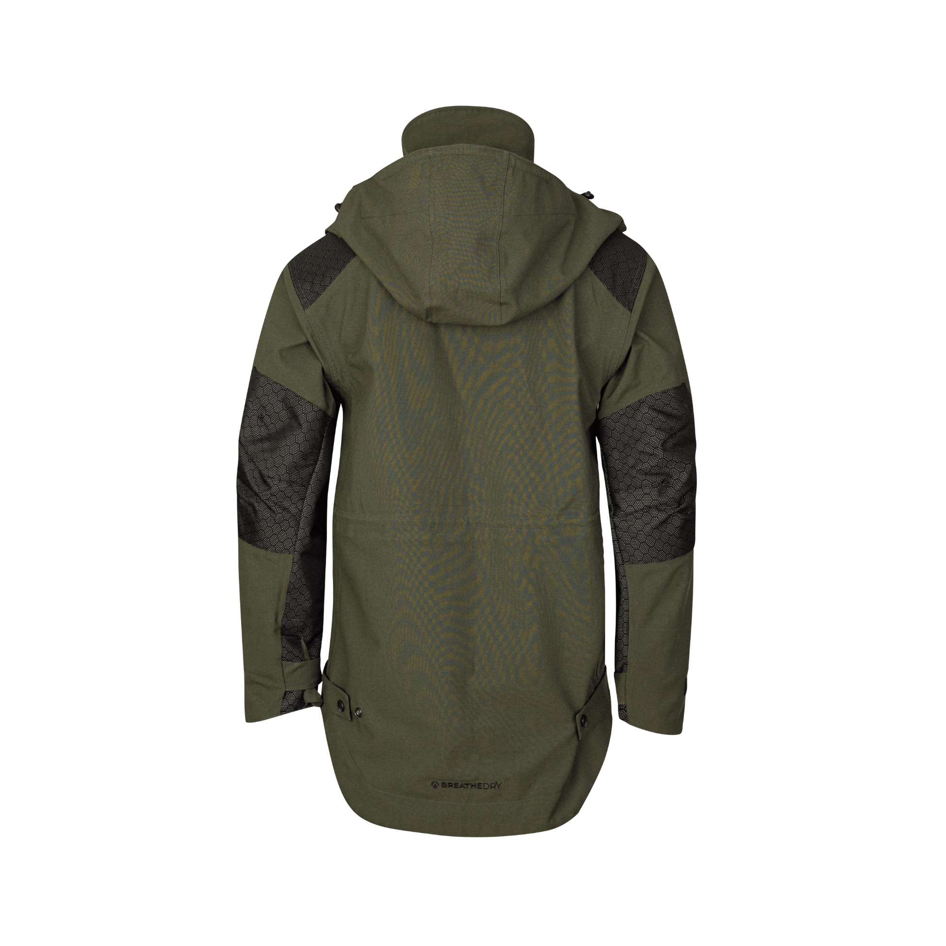 Back view of the Smock Heavy Duty BreatheDry Olive Jacket, designed for tree surgeons with waterproof features.