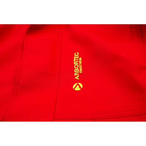 Close-up of the Arbortec Heavy Duty BreatheDry red jacket showcasing the logo, ideal for tree surgeons.