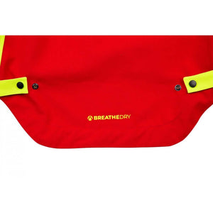 Close-up of the BreatheDry label on a red heavy-duty smock jacket, designed for tree surgeons.