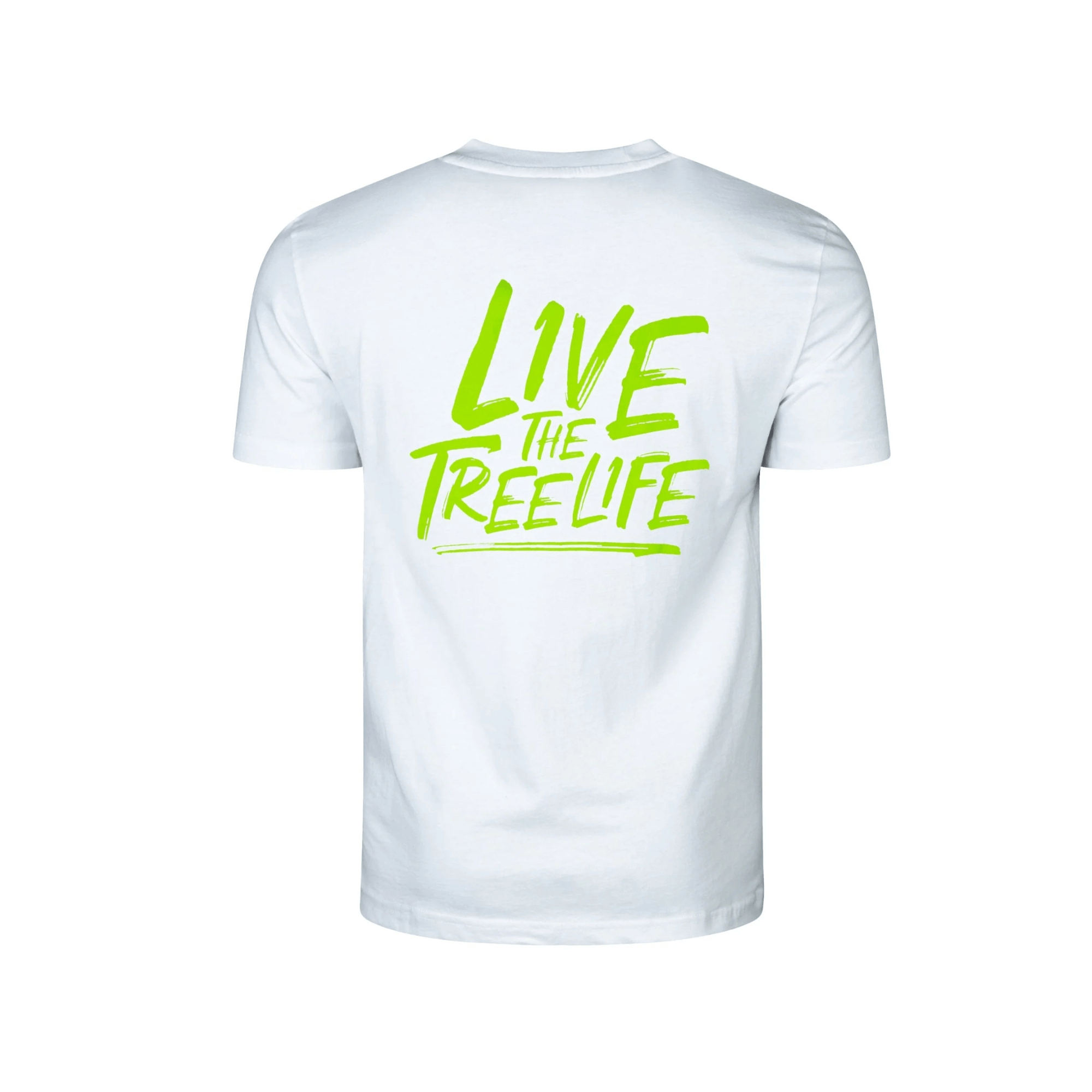 Short Sleeve T-Shirt White featuring a lime green 'LIVE THE TREELIFE' graphic on the back.
