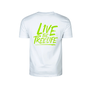 Short Sleeve T-Shirt White featuring a lime green 'LIVE THE TREELIFE' graphic on the back.