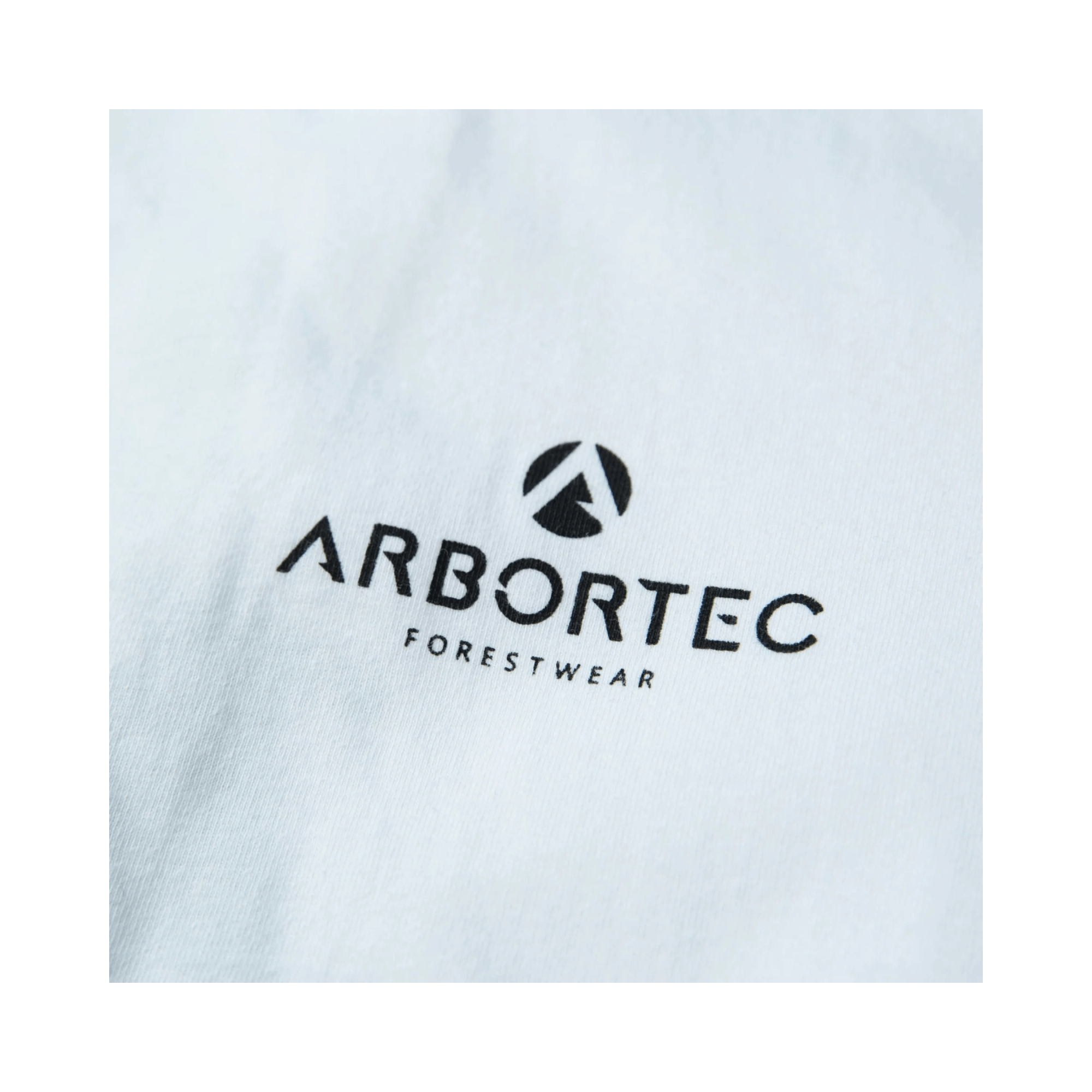 Close-up of the Arbortec logo on the Short Sleeve T-Shirt White, showcasing quality and style in professional apparel.