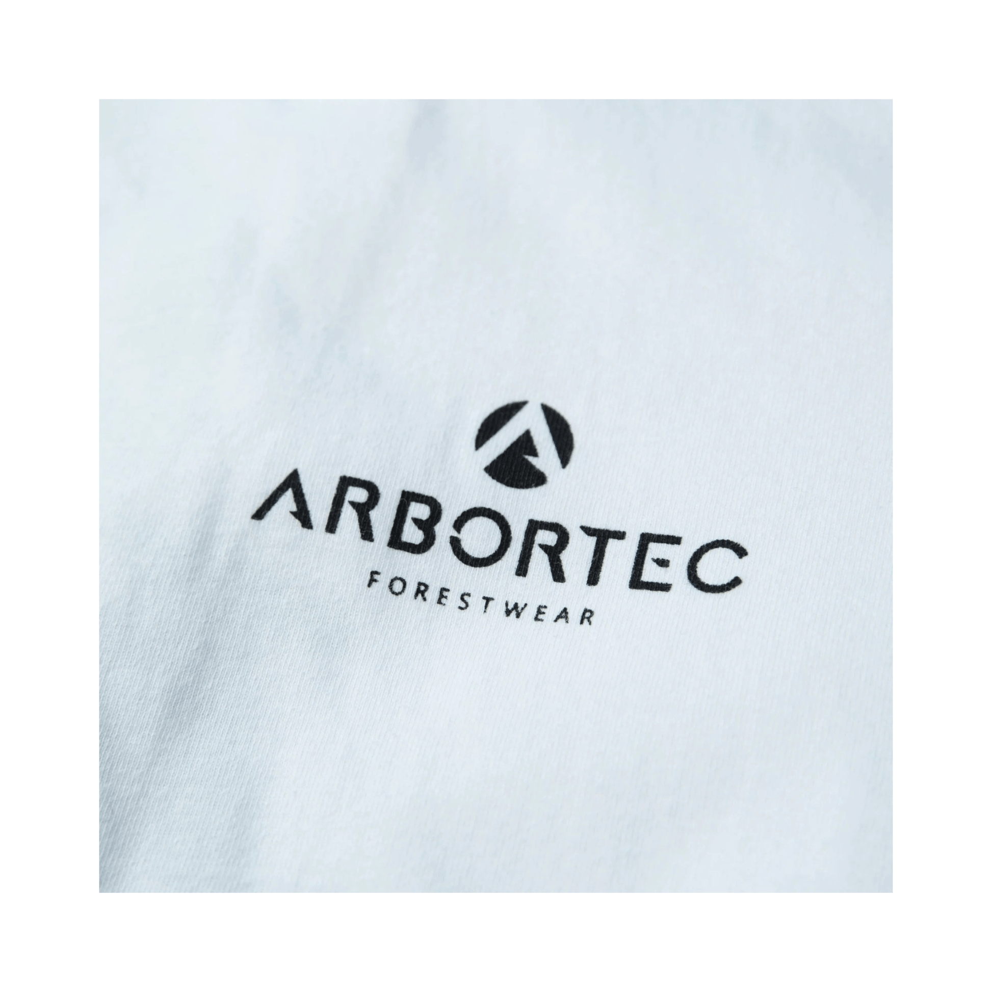 Close-up of the Arbortec logo on the Short Sleeve T-Shirt White, showcasing quality and style in professional apparel.