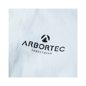 Close-up of the Arbortec logo on the Short Sleeve T-Shirt White, showcasing quality and style in professional apparel.