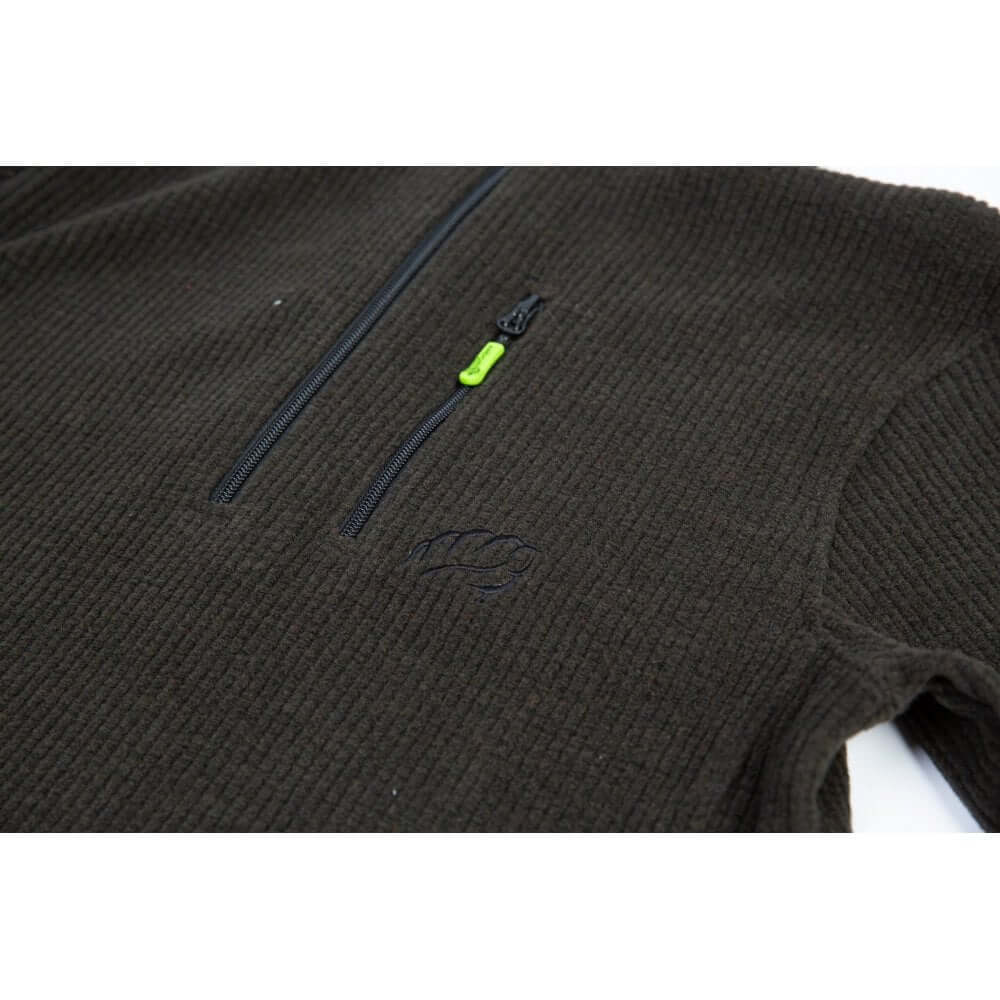 Close-up of the Wolf Half-Zip Knitted Fleece in Olive, highlighting the zipper and logo detail for tree surgeons.