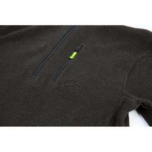 Close-up of the Wolf Half-Zip Knitted Fleece in Olive, highlighting the zipper and logo detail for tree surgeons.