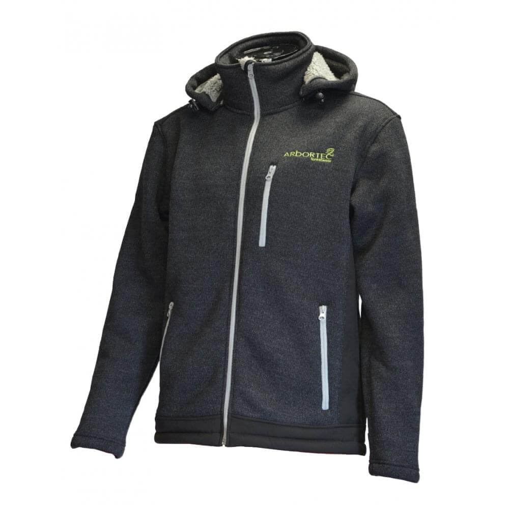 A gray knitted fleece lined hooded jacket with an adjustable hood and a large front pocket, featuring a zip closure and the 'Yeti' brand logo on the chest.