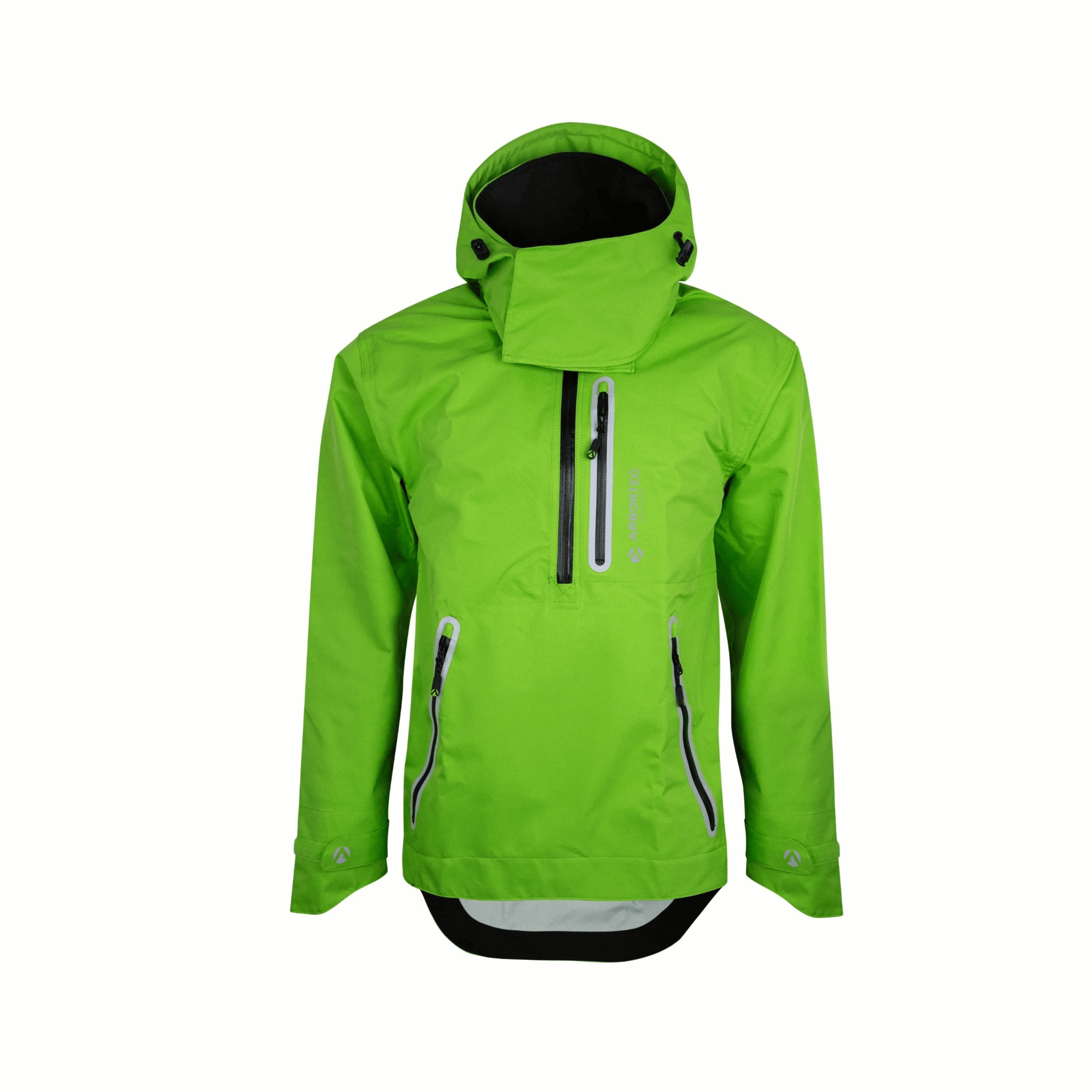Arbortec Breathedry waterproof smock in lime green. Features a high collar, adjustable hood, secure pockets, and reflective accents for visibility in outdoor work environments.
