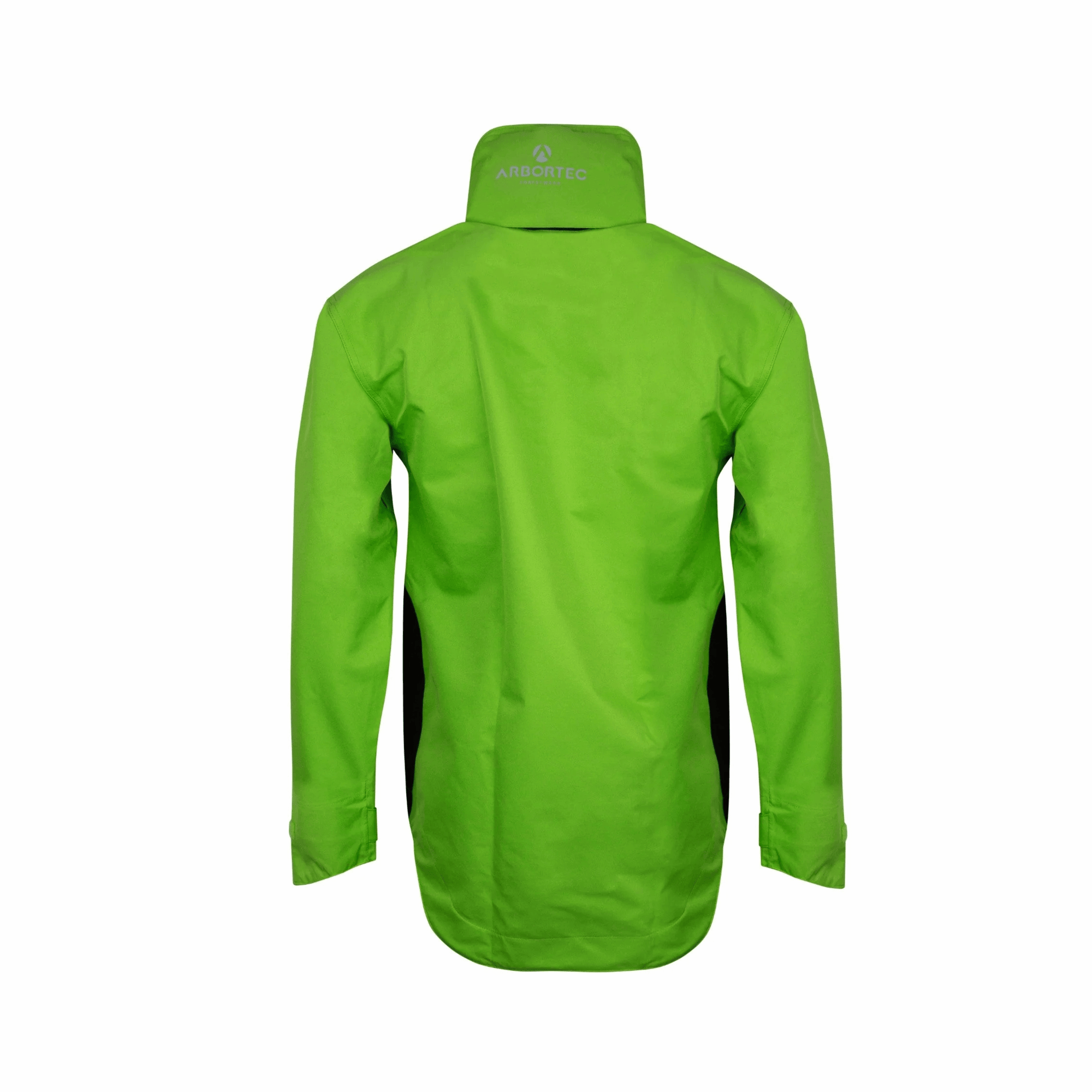 Arbortec BreatheDry Waterproof Smock in lime green, designed for tree surgeons and arborists, showcasing back view.