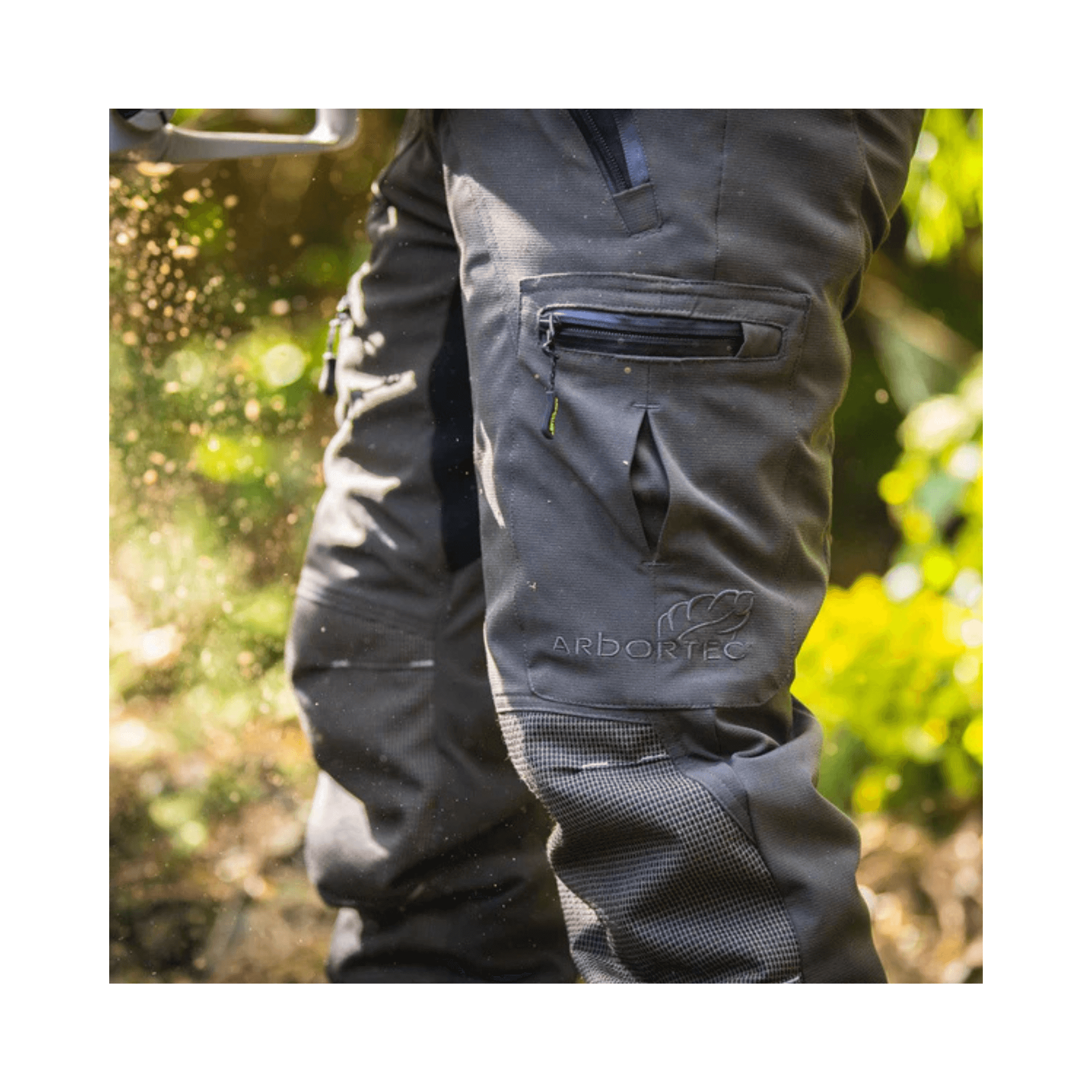 Close-up of Arbortec Breatheflex Pro chainsaw trousers, designed for tree surgeons, showcasing comfort and durability.