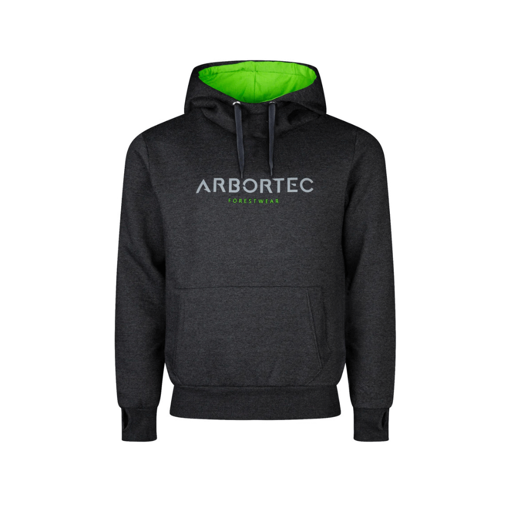 Charcoal Arbortec pullover hoodie with lime green interior, designed for tree surgeons and outdoor enthusiasts.