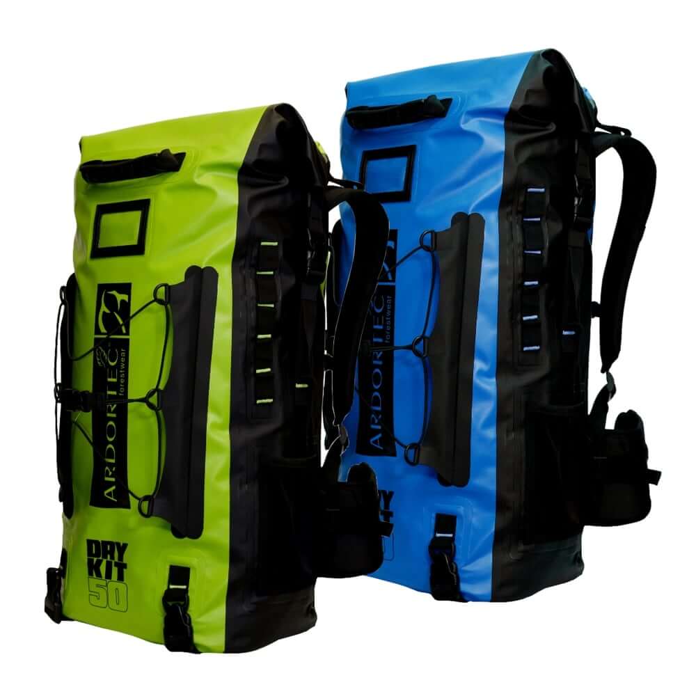 Arbortec DryKit Python 50L climbing rucksack. Waterproof, durable. Features padded straps, gear loops, and multiple compartments for arborist equipment. Yellow and black