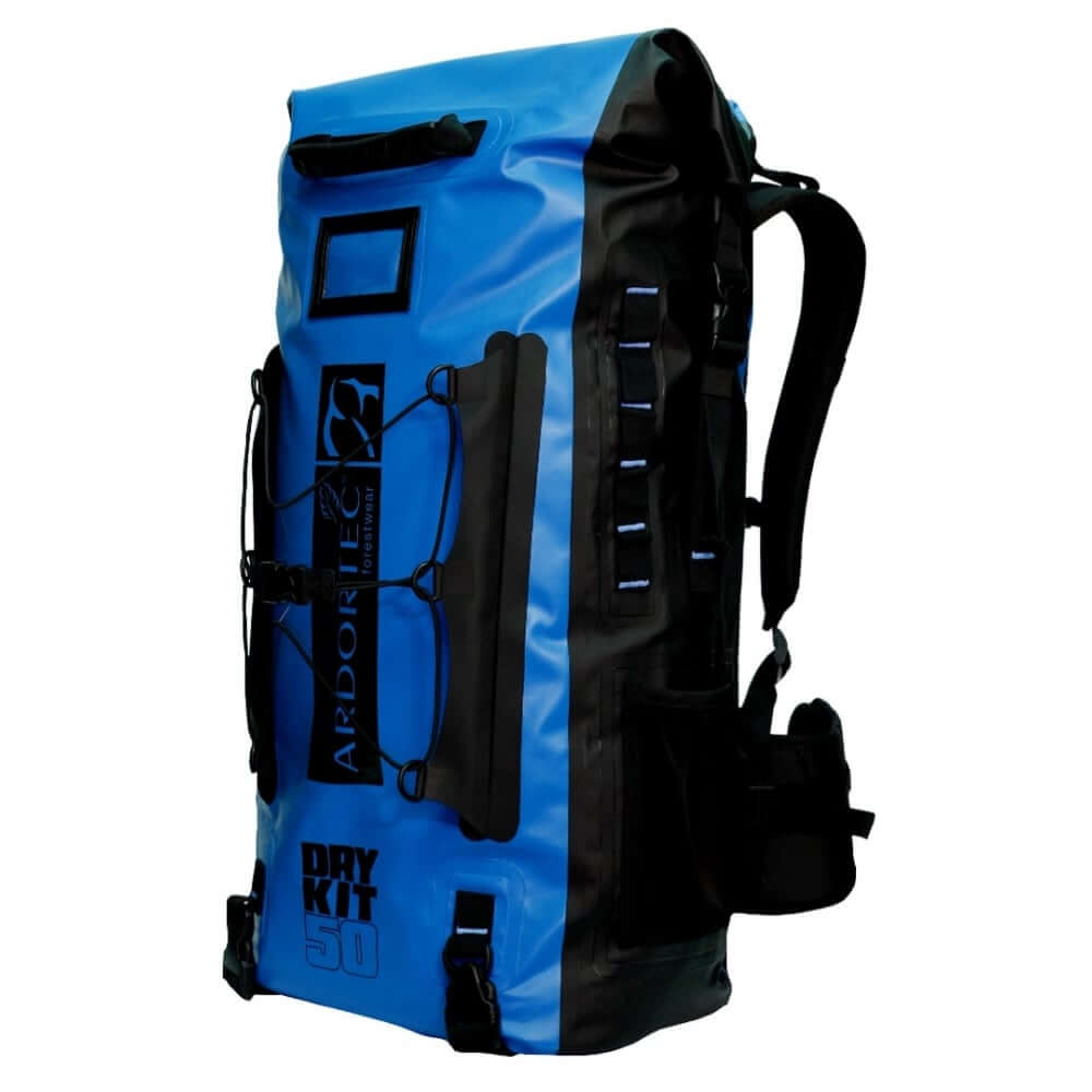 Two Arbortec DryKit Python climbing rucksacks, one in green and one in blue, with black straps and additional external pockets.